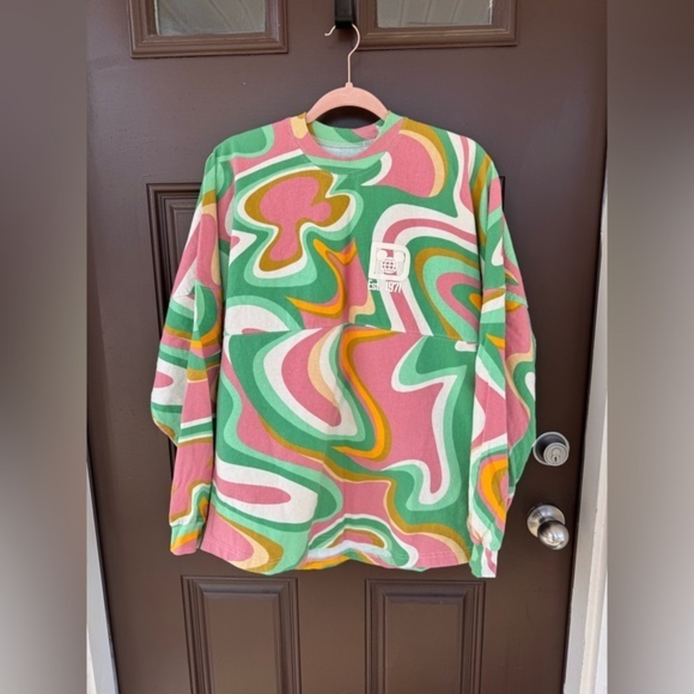Disney Womens Spirit Jersey Swirl Retro 2022 Pink Green Pullover